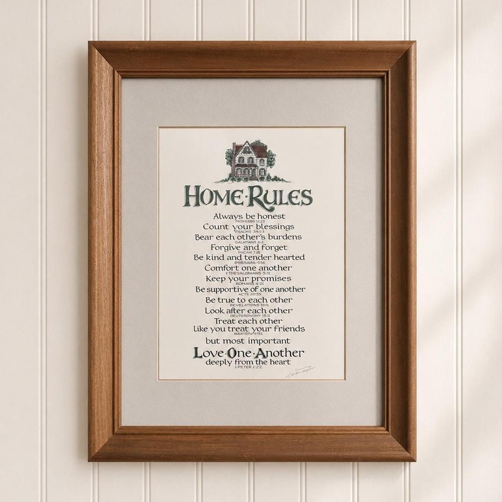 Vintage House Rules Scripture Framed Print